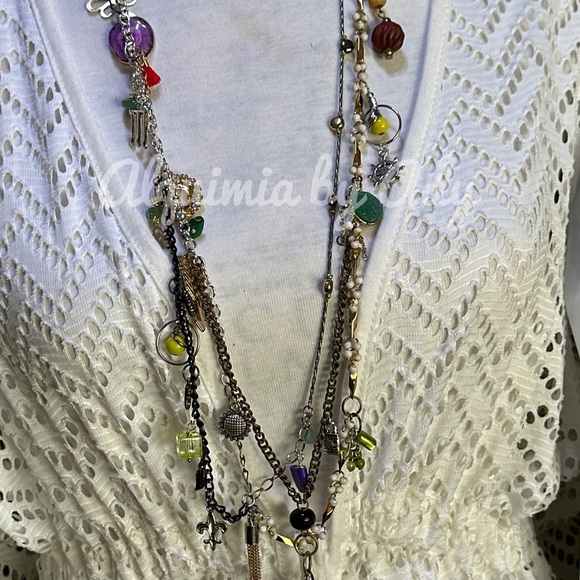 Green jade and Peridot and silver statement layered multi charms necklace - Picture 3 of 15